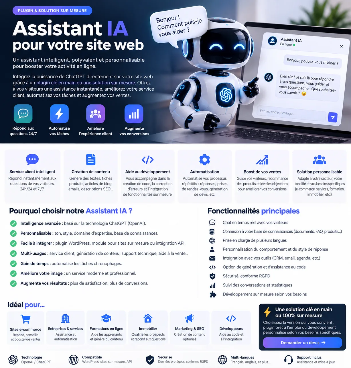 Autre présentation de Assistant IA pour site web : plugin conversationnel et accompagnement client