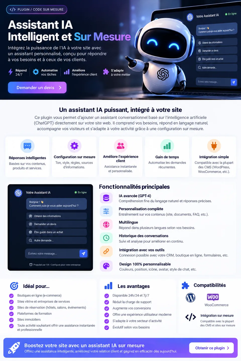 Présentation officielle de Assistant IA pour site web : plugin conversationnel et accompagnement client