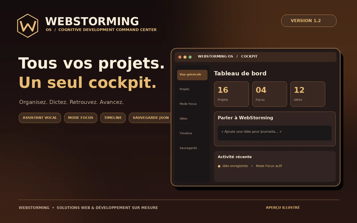 Présentation officielle de WebStorming OS V1.2 : cockpit de projets, assistant vocal et Timeline